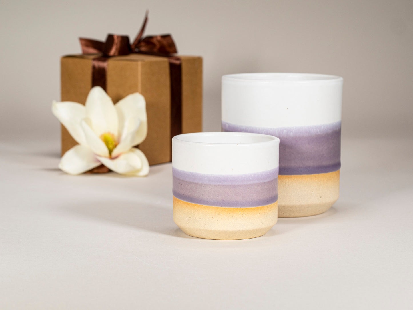 Gift Set: 14 oz cup and 5.5 oz cup in Purple White Stoneware