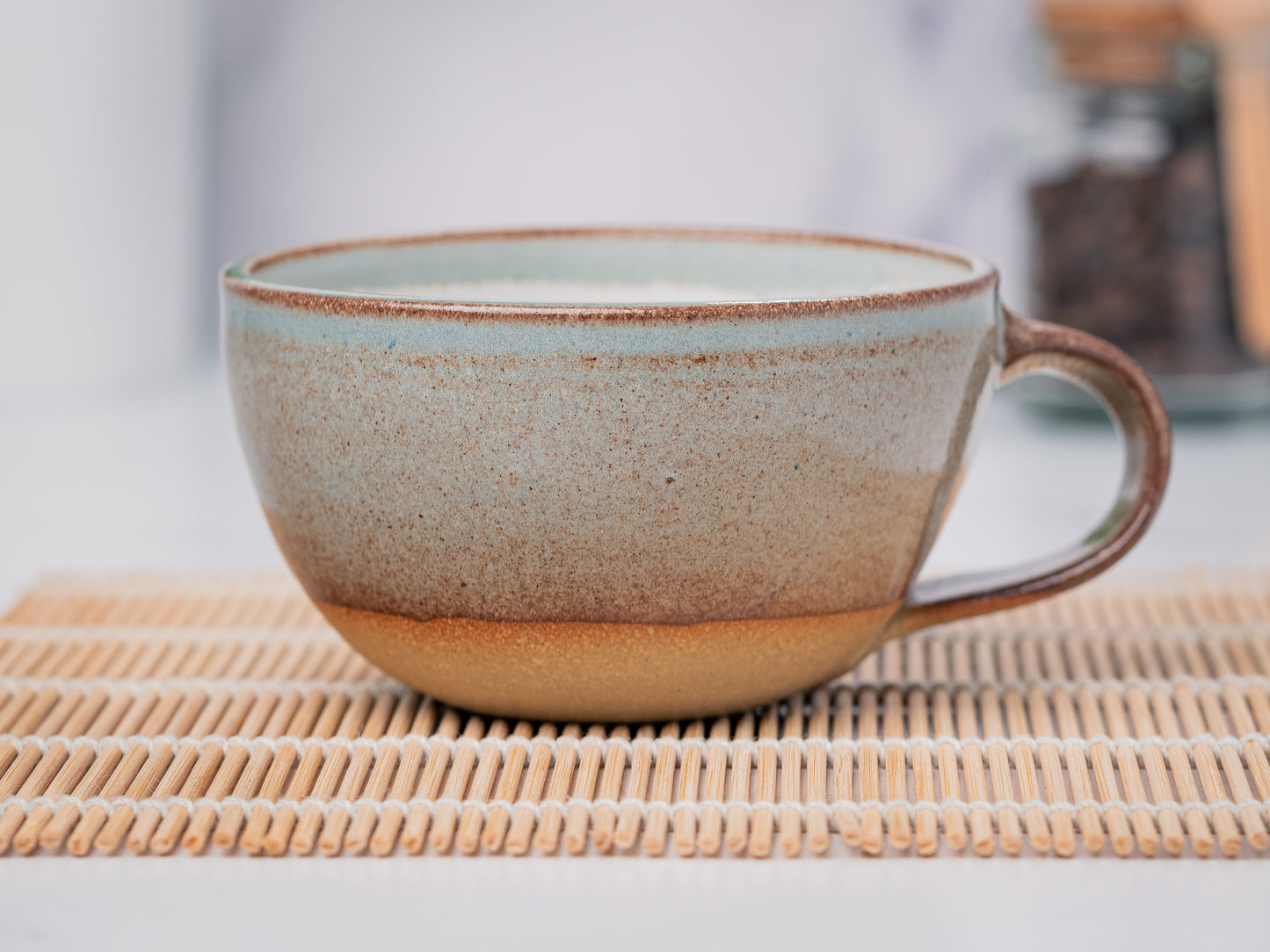 Cappuccino Cup, Latte Cup: Brown-Blue/White, approximately 8-10 oz, Stoneware, Handmade