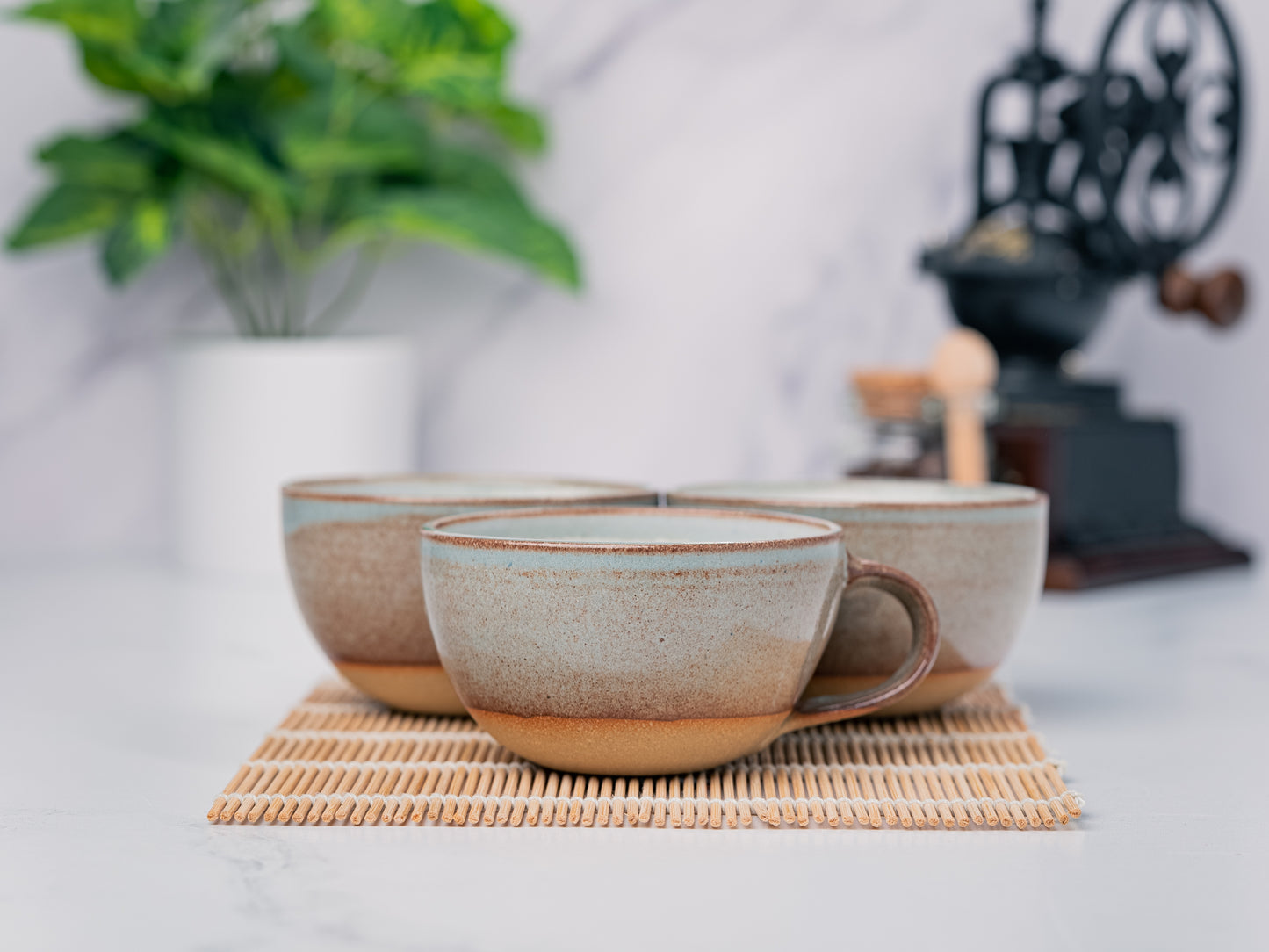 Cappuccino Cup, Latte Cup: Brown-Blue/White, approximately 8-10 oz, Stoneware, Handmade