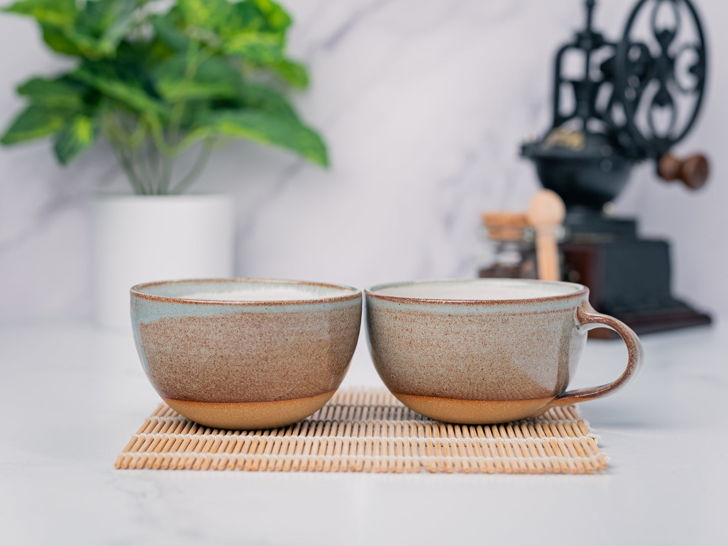 Cappuccino Cup, Latte Cup: Brown-Blue/White, approximately 8-10 oz, Stoneware, Handmade