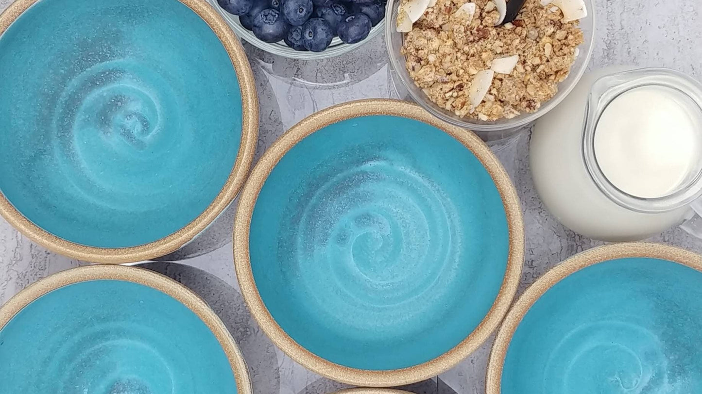 Breakfast Soup Salad Bowl: Turquoise Sandy with Trailing, Stoneware, Handmade Aesthetic Modern Cereal Oatmeal Bowl Stoneware Artisian Bowl