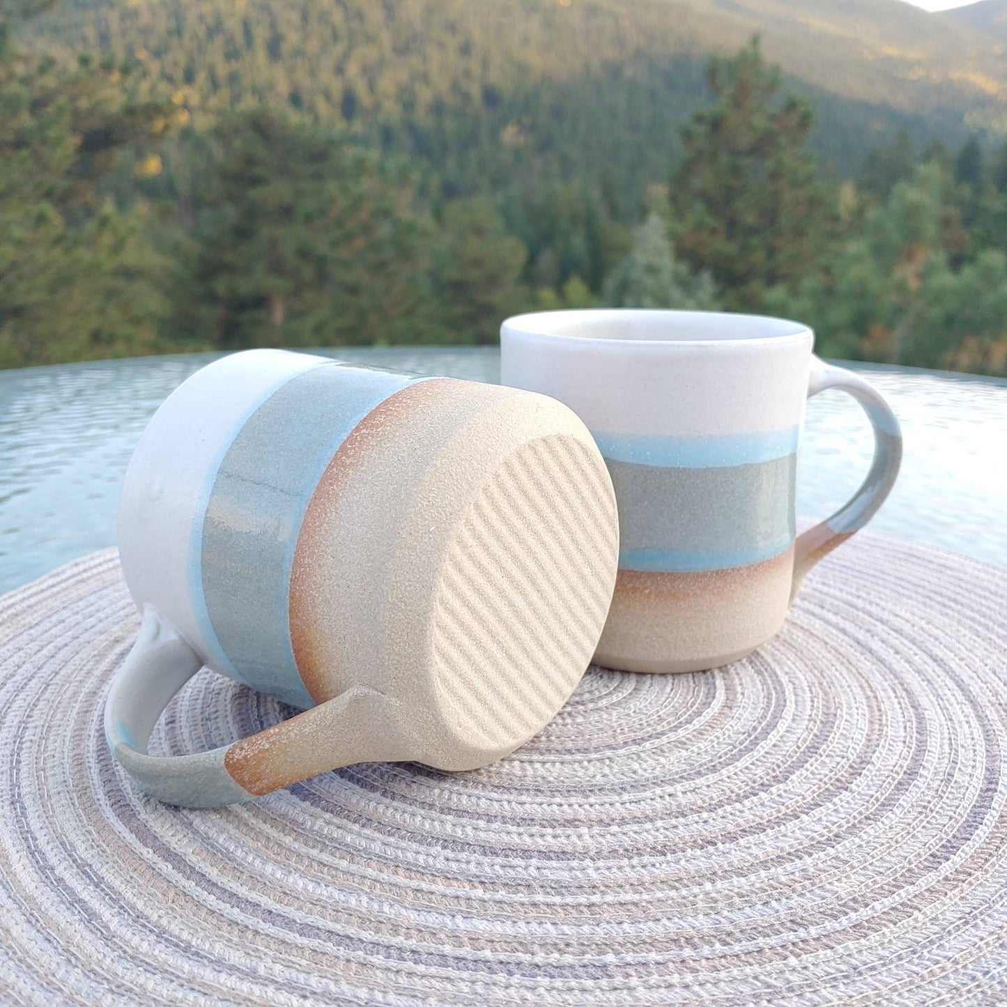Handmade Ceramic Coffee Tea Mug Blue-Grey White 12-14 oz Earthy Rustic Modern Aesthetic Unique Pottery Contemporary Dinnerware Decor Gift