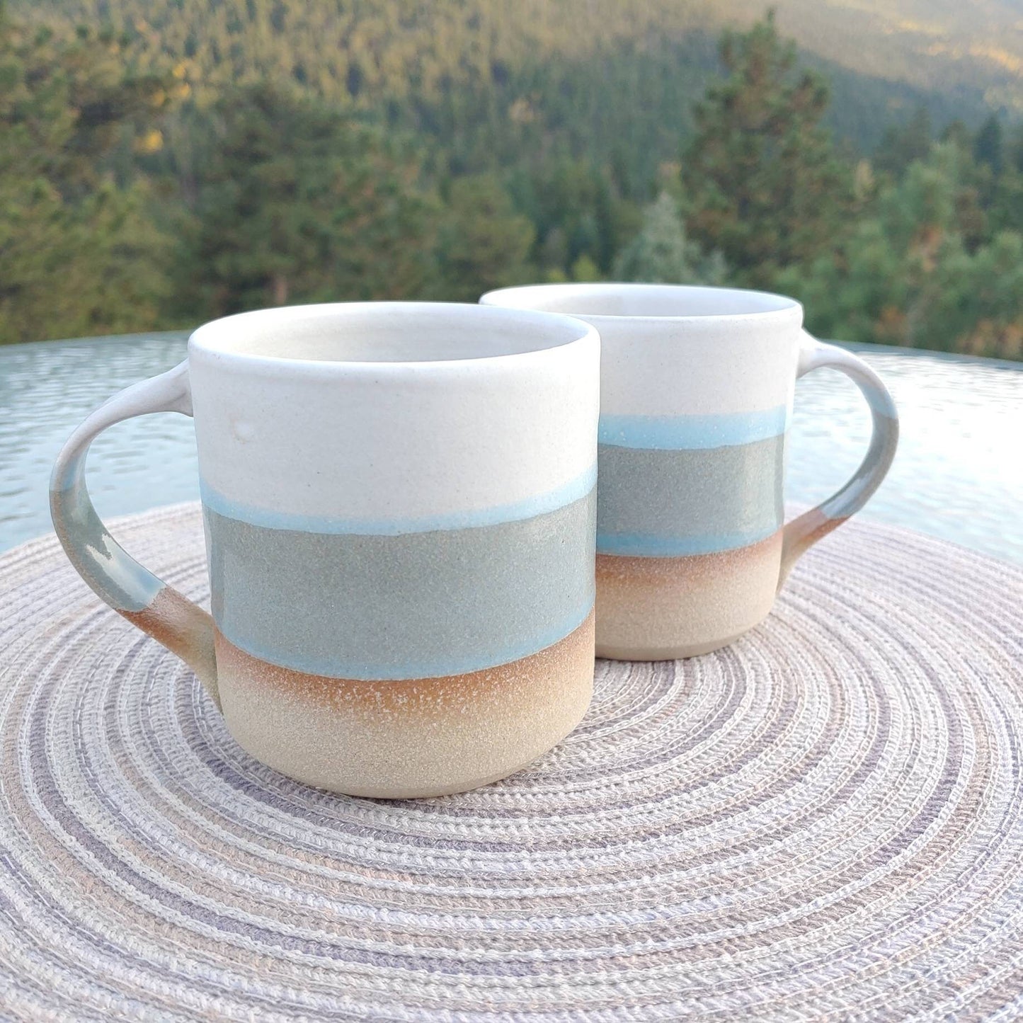 Handmade Ceramic Coffee Tea Mug Blue-Grey White 12-14 oz Earthy Rustic Modern Aesthetic Unique Pottery Contemporary Dinnerware Decor Gift