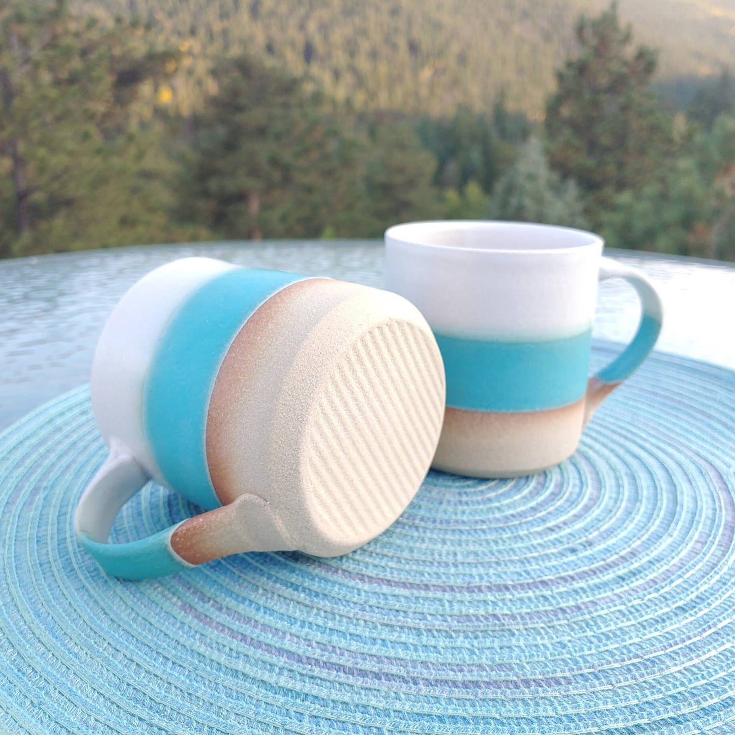 Handmade Ceramic Coffee Tea Mug Turquoise White 12-14 oz Earthy Rustic Modern Aesthetic Unique Pottery Contemporary Dinnerware Decor Gift