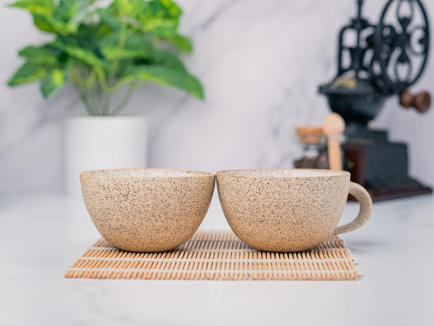 Cappuccino Cup, Latte Cup: White/Speckle, approximately 8 - 10 oz, Stoneware, Handmade