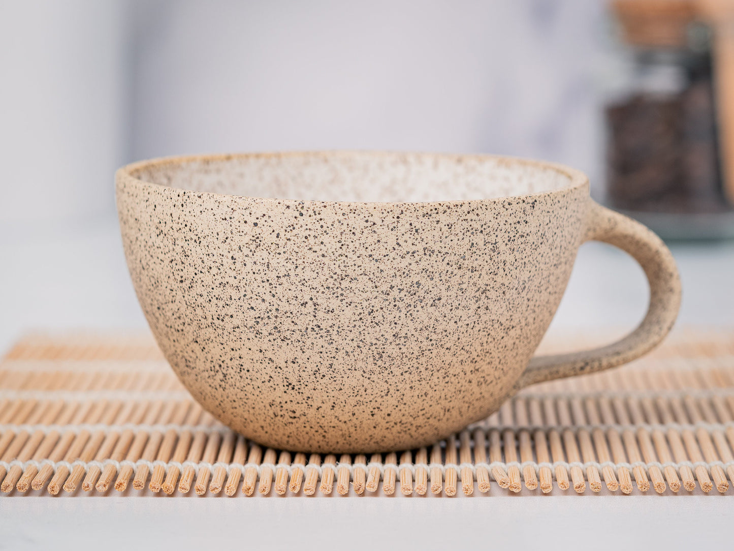 Cappuccino Cup, Latte Cup: White/Speckle, approximately 8 - 10 oz, Stoneware, Handmade