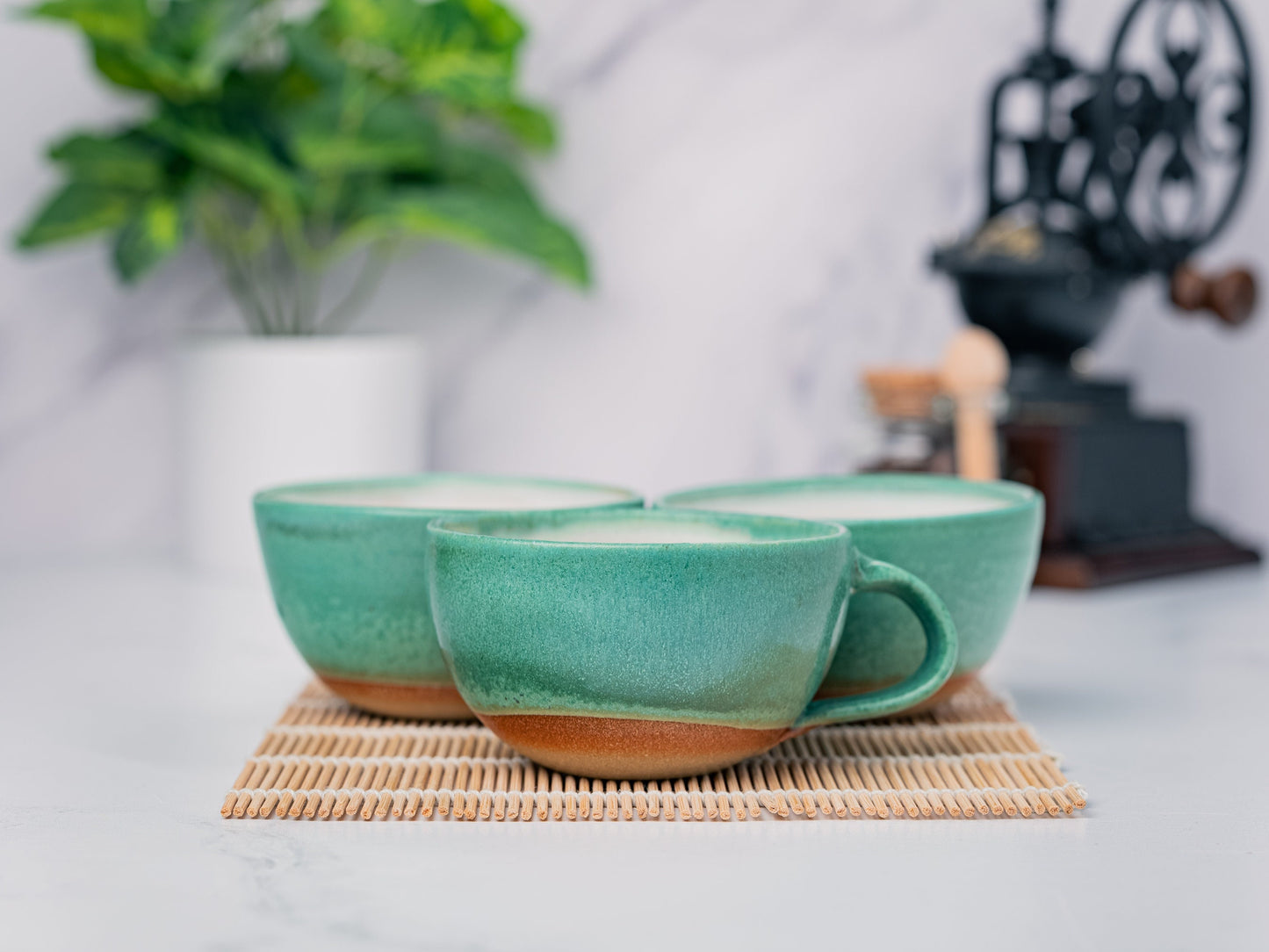 Cappuccino Cup, Latte Cup: Green/White, approximately 8 - 10 oz, Stoneware, Handmade