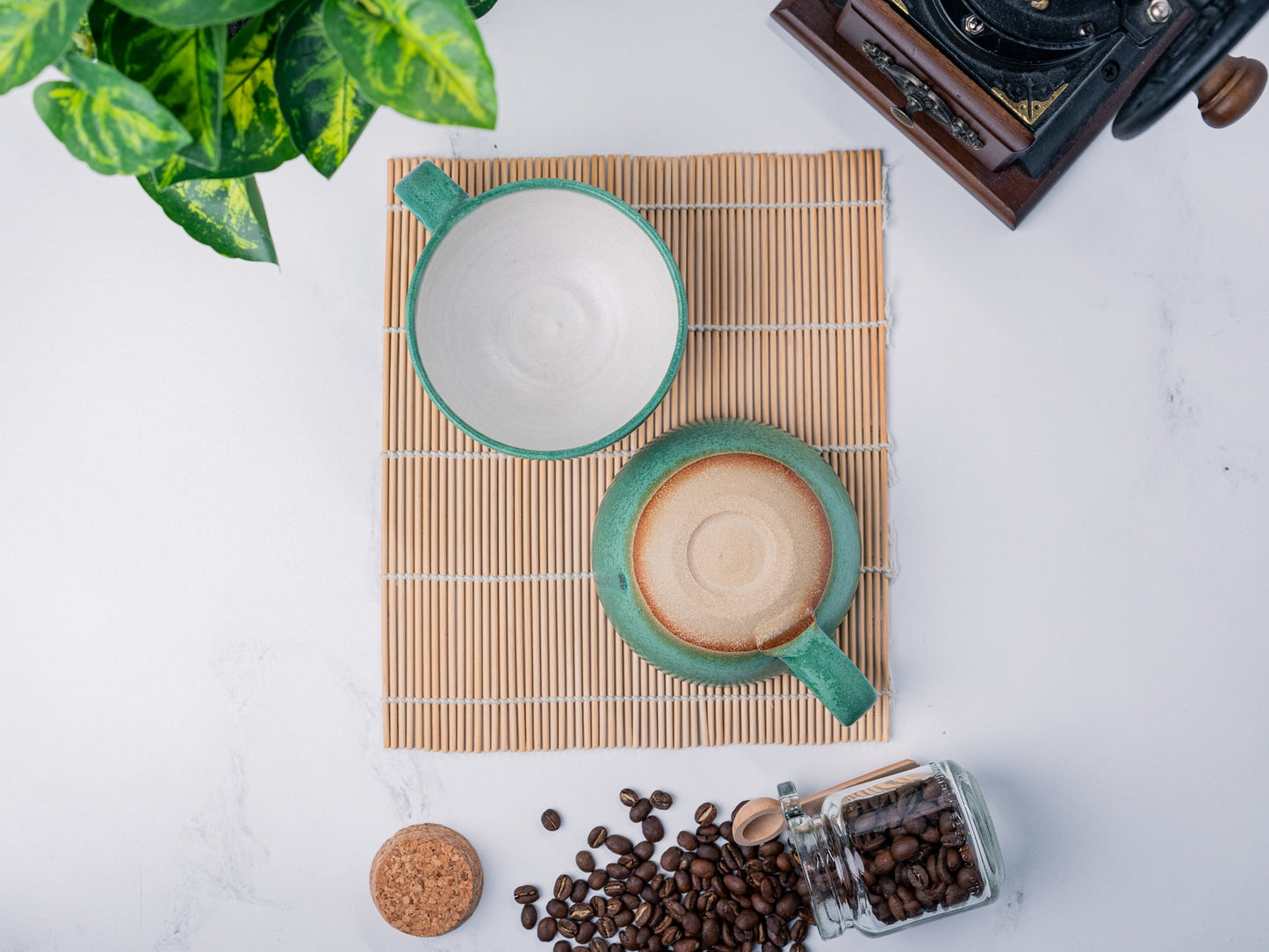 Cappuccino Cup, Latte Cup: Green/White, approximately 8 - 10 oz, Stoneware, Handmade