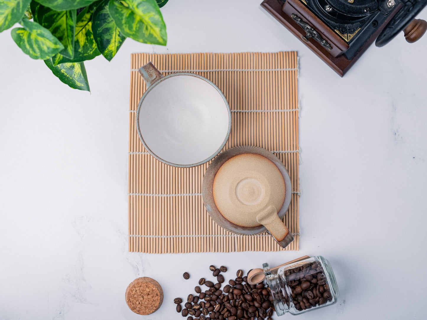 Cappuccino Cup, Latte Cup: Brown-Blue/White, approximately 8-10 oz, Stoneware, Handmade