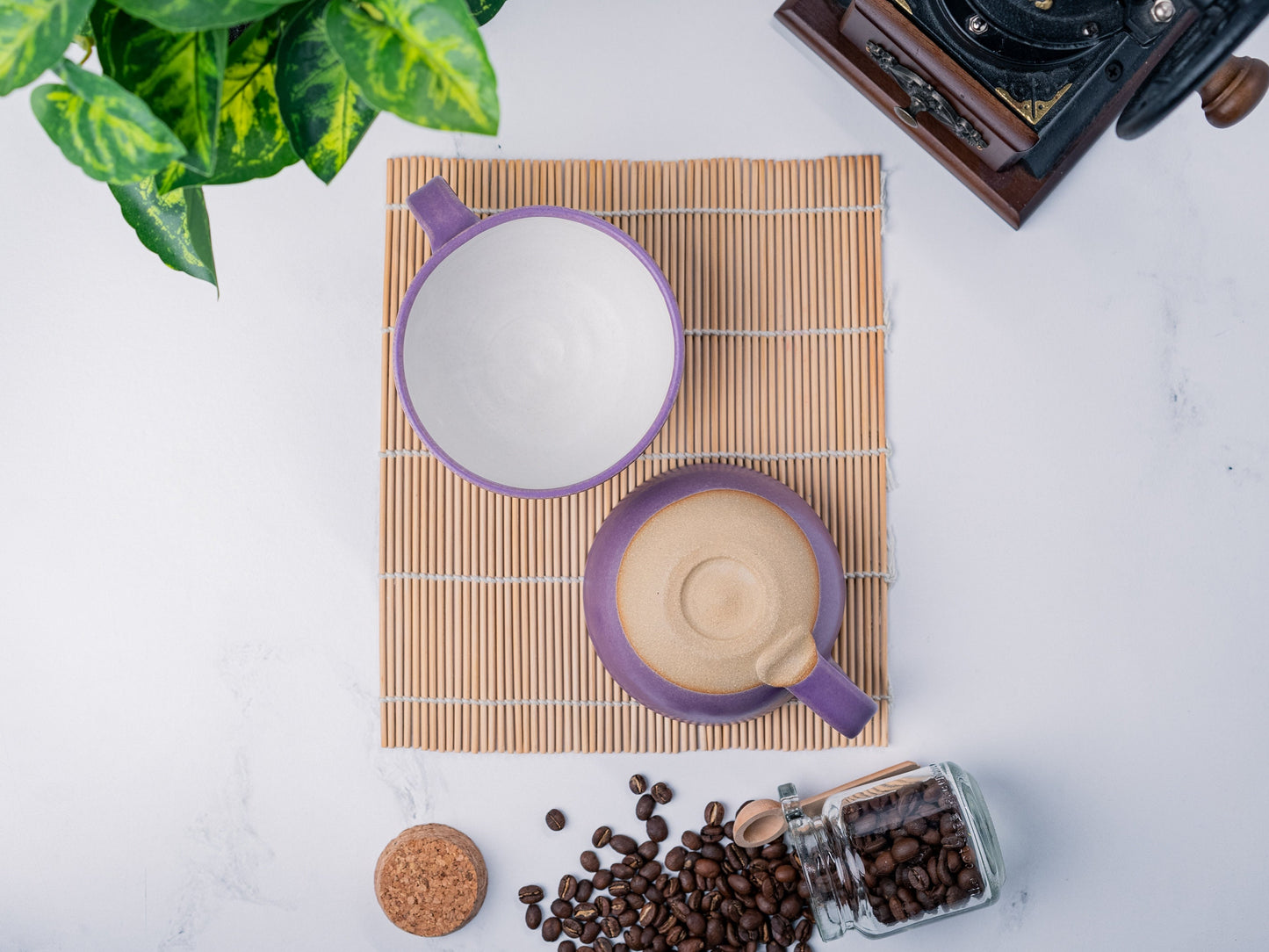 Cappuccino Cup, Latte Cup: Purple/White, approximately 8 - 10 oz, Stoneware, Handmade