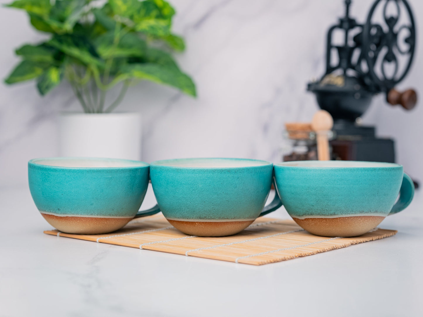 Cappuccino Cup, Latte Cup: Turquoise/White, approximately 8 - 10 oz, Stoneware, Handmade