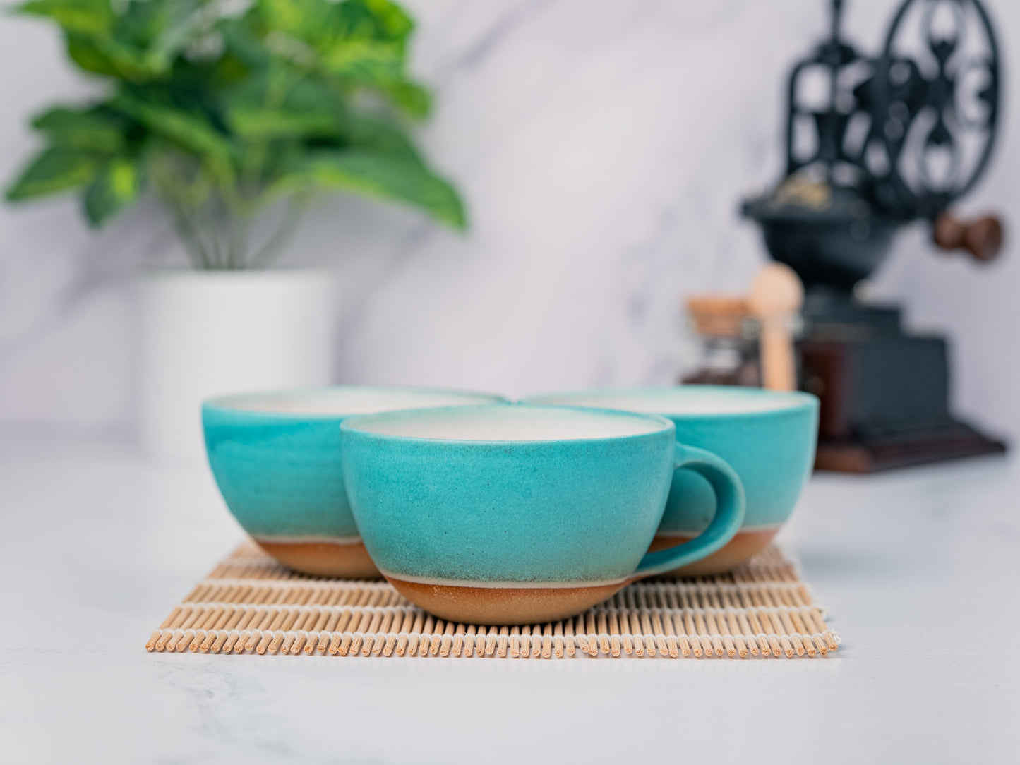 Cappuccino Cup, Latte Cup: Turquoise/White, approximately 8 - 10 oz, Stoneware, Handmade