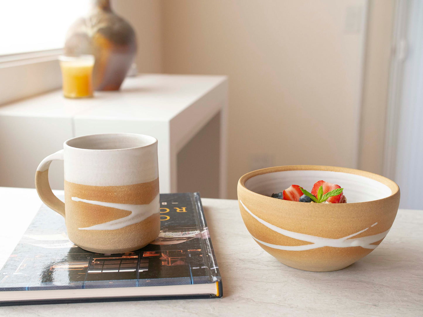 Handmade Ceramic Coffee Tea Mug Sandy White w/Trailing 12-14 oz Earthy Rustic Modern Aesthetic Unique Pottery Contemporary Dinnerware Gift