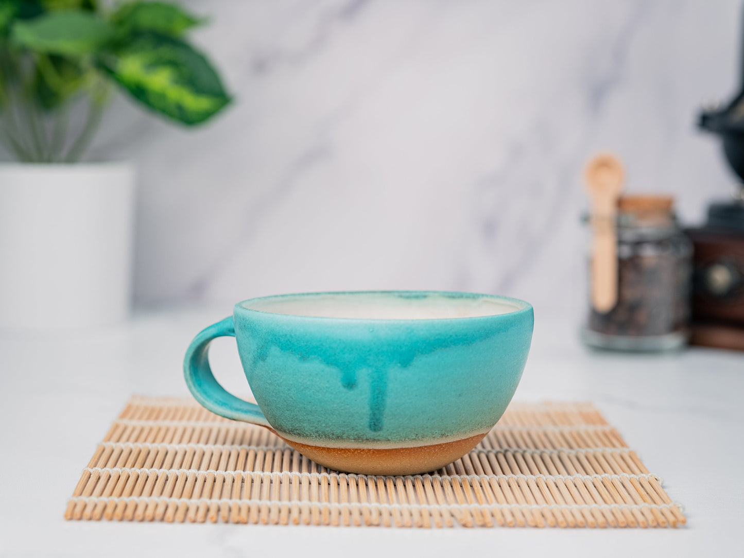 Cappuccino Cup, Latte Cup: Turquoise/White, approximately 8 - 10 oz, Stoneware, Handmade