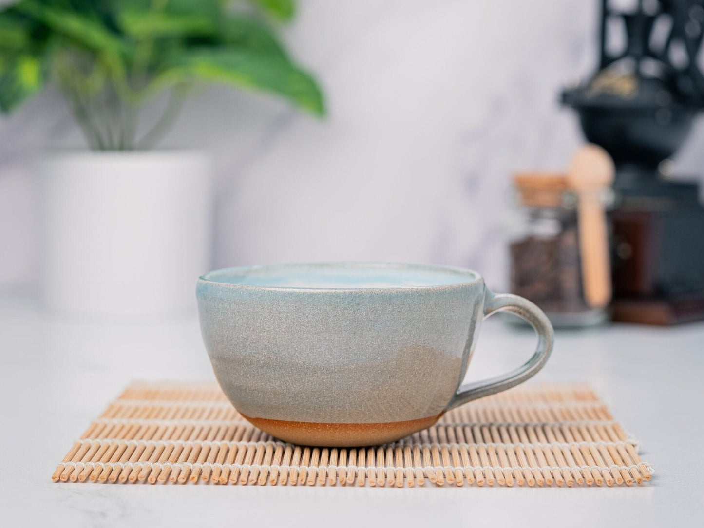 Cappuccino Cup, Latte Cup: Blue-Grey/White, 8 - 10 oz, Stoneware, Handmade