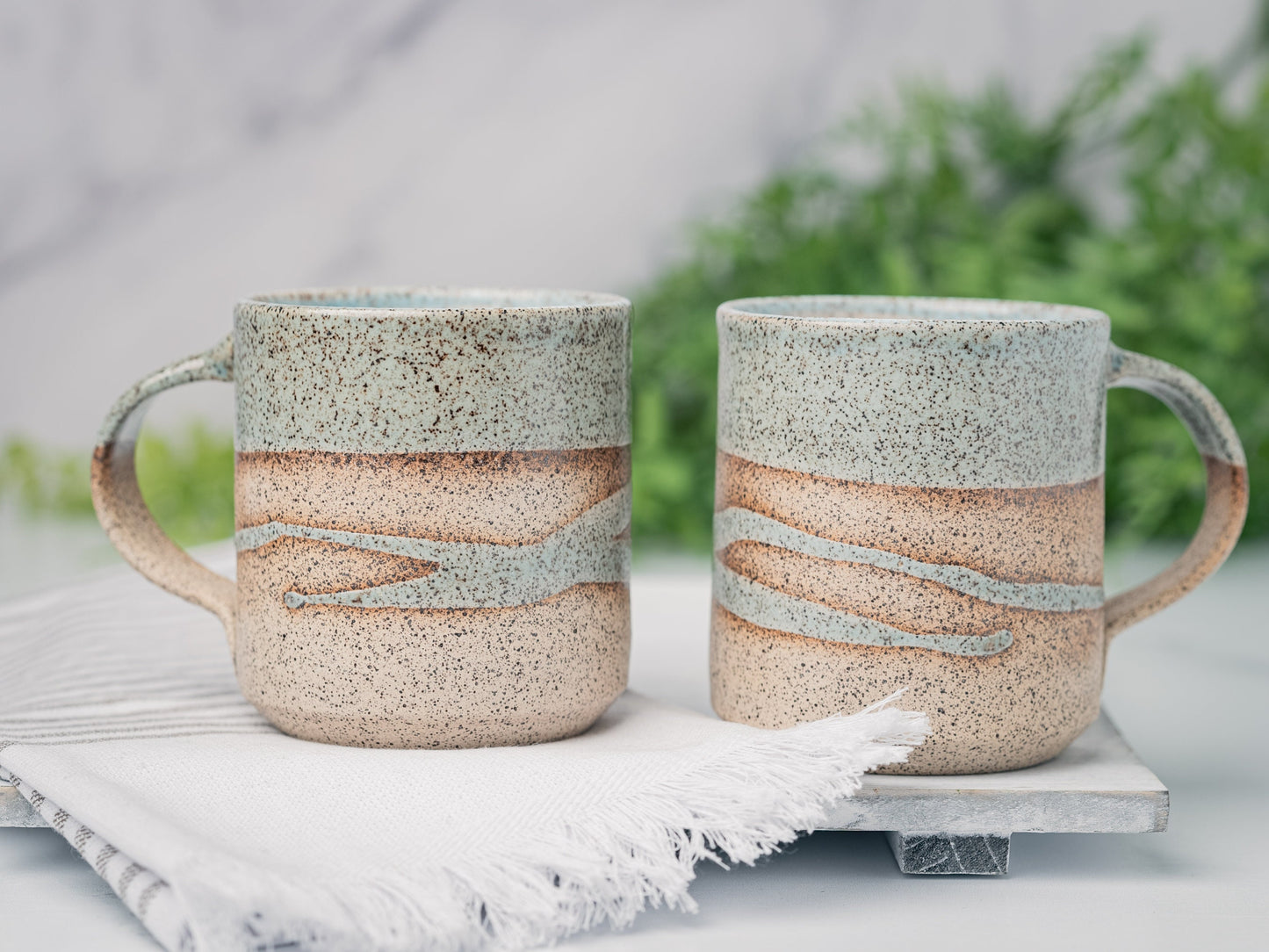 Handmade Ceramic Coffee Tea Mug Speckled Blue-Grey White w/Trailing 12-14 oz Earthy Modern Aesthetic Unique Pottery Contemporary Dinnerware