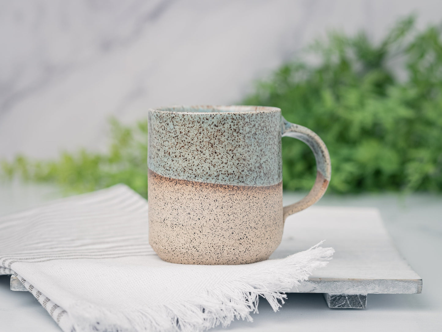 Handmade Ceramic Coffee Tea Mug Speckled Blue-Grey White 12-14 oz Earthy Rustic Modern Aesthetic Unique Pottery Contemporary Dinnerware Gift