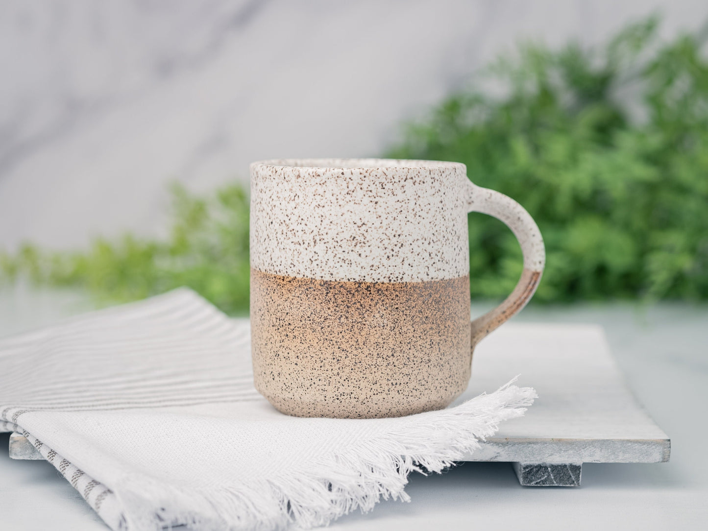 Handmade Ceramic Coffee Tea Mug Speckled White 12-14 oz Earthy Rustic Modern Aesthetic Unique Pottery Contemporary Dinnerware Decor Gift