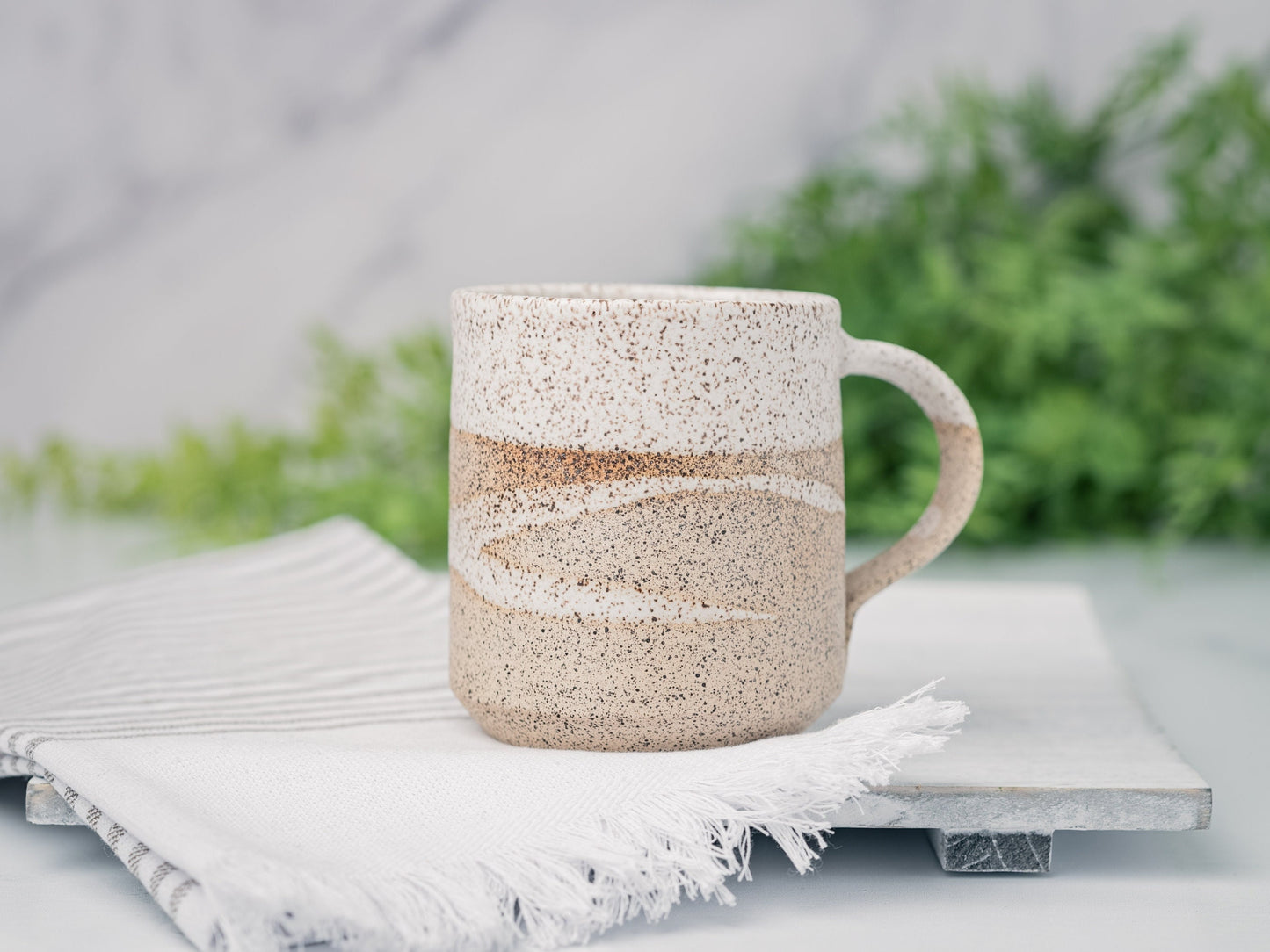 Handmade Ceramic Coffee Tea Mug Speckled White w/Trailing 12-14 oz Earthy Rustic Modern Aesthetic Unique Pottery Contemporary Dinnerware