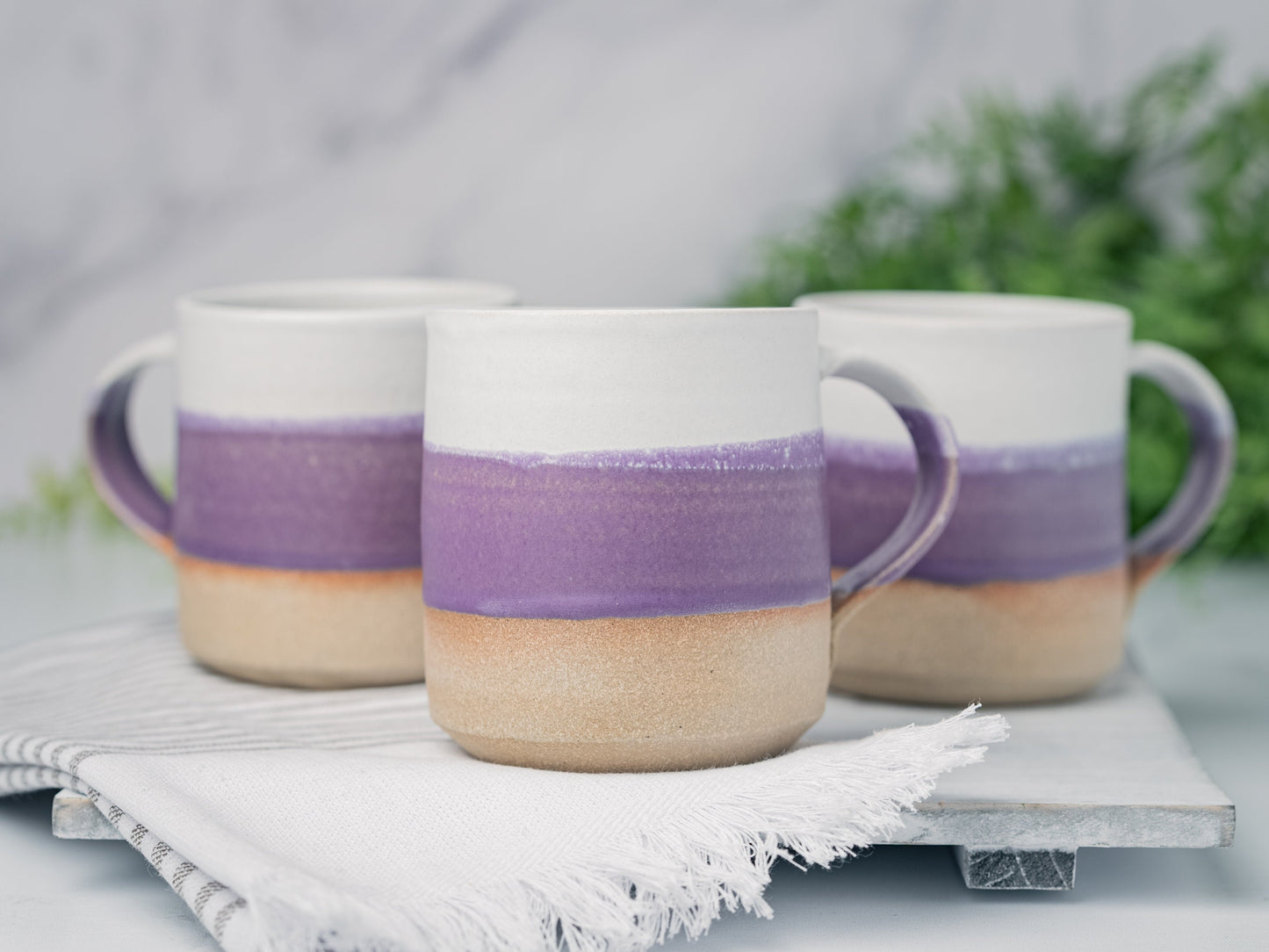Handmade Ceramic Coffee Tea Mug Purple White 12-14 oz Earthy Rustic Modern Aesthetic Unique Pottery Contemporary Dinnerware Decor Gift