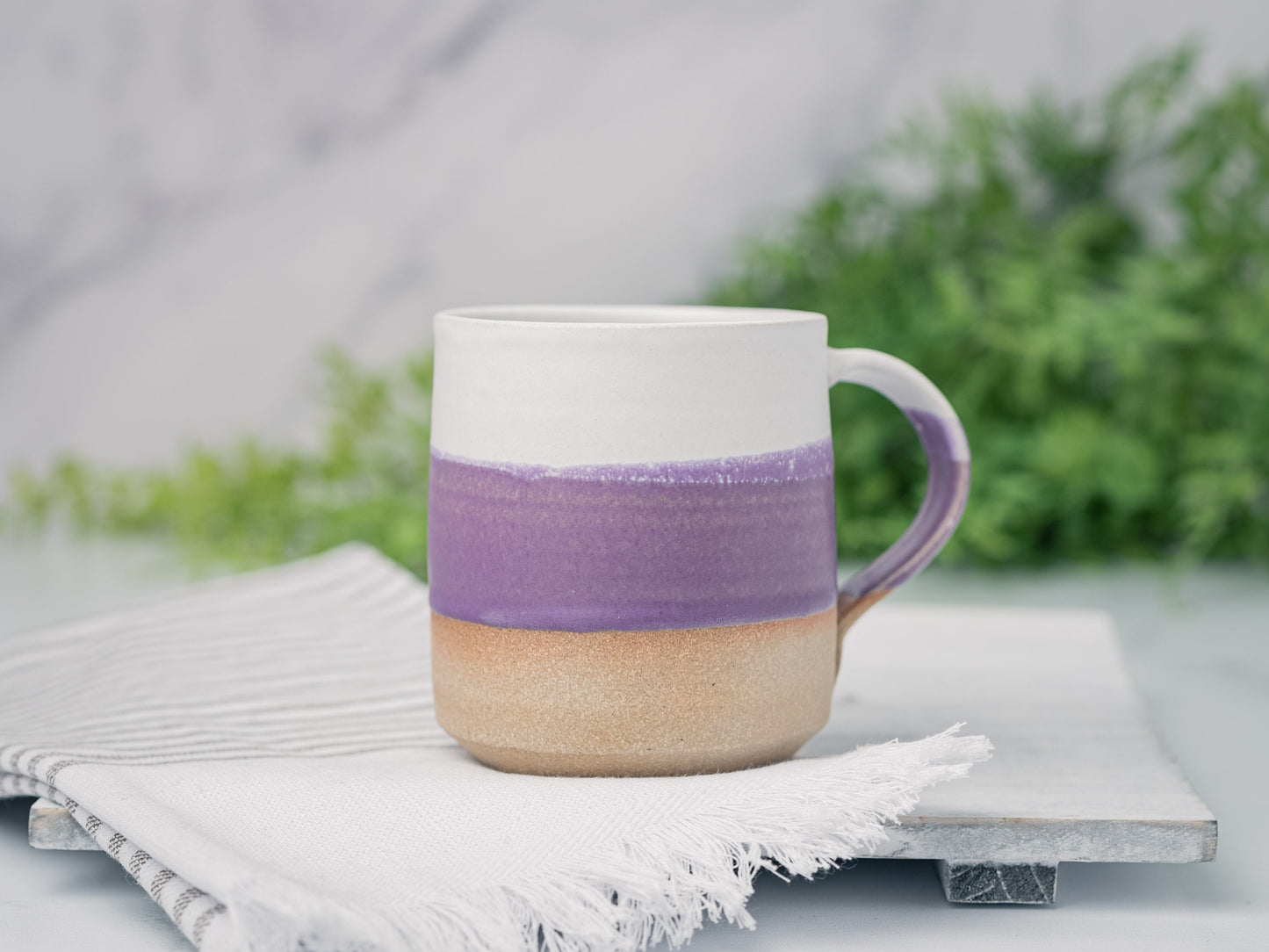Handmade Ceramic Coffee Tea Mug Purple White 12-14 oz Earthy Rustic Modern Aesthetic Unique Pottery Contemporary Dinnerware Decor Gift