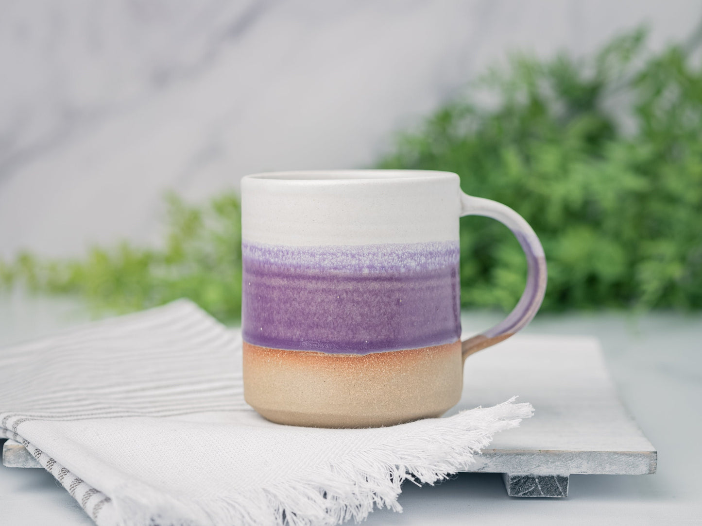 Handmade Ceramic Coffee Tea Mug Purple White 12-14 oz Earthy Rustic Modern Aesthetic Unique Pottery Contemporary Dinnerware Decor Gift