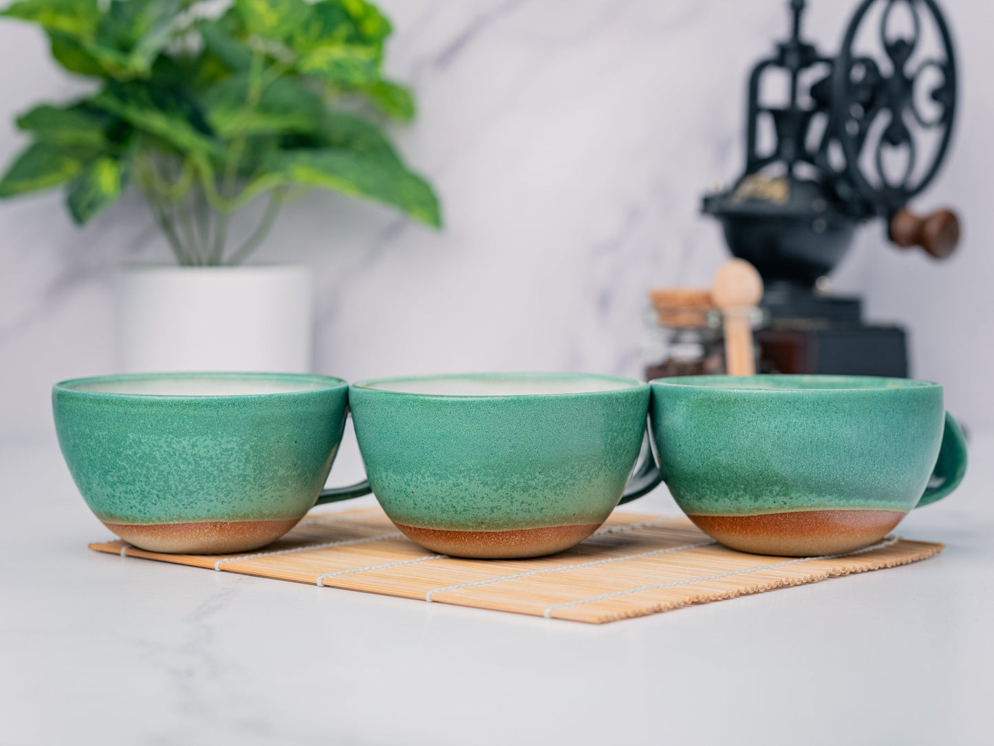 Cappuccino Cup, Latte Cup: Green/White, approximately 8 - 10 oz, Stoneware, Handmade