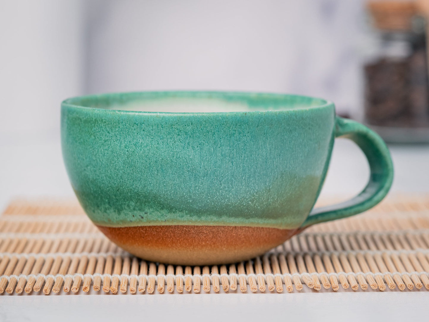Cappuccino Cup, Latte Cup: Green/White, approximately 8 - 10 oz, Stoneware, Handmade
