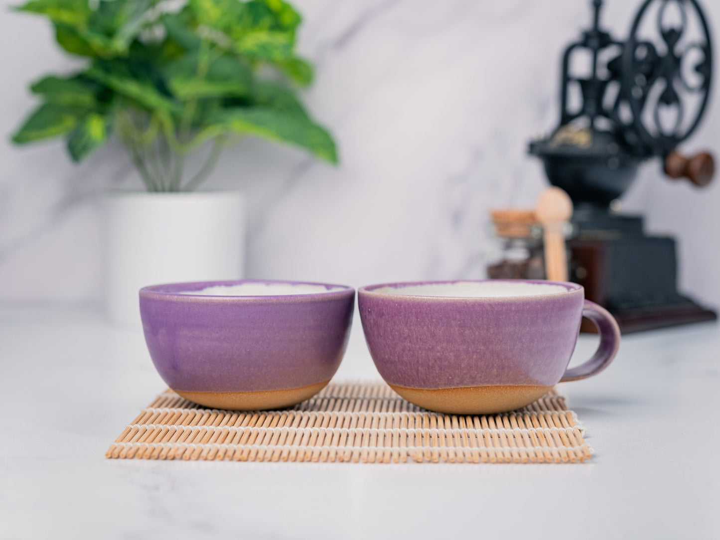Cappuccino Cup, Latte Cup: Purple/White, approximately 8 - 10 oz, Stoneware, Handmade