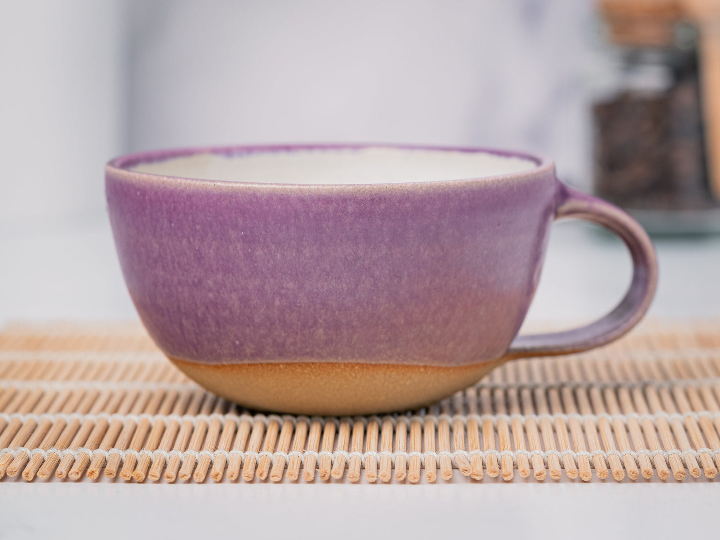 Cappuccino Cup, Latte Cup: Purple/White, approximately 8 - 10 oz, Stoneware, Handmade