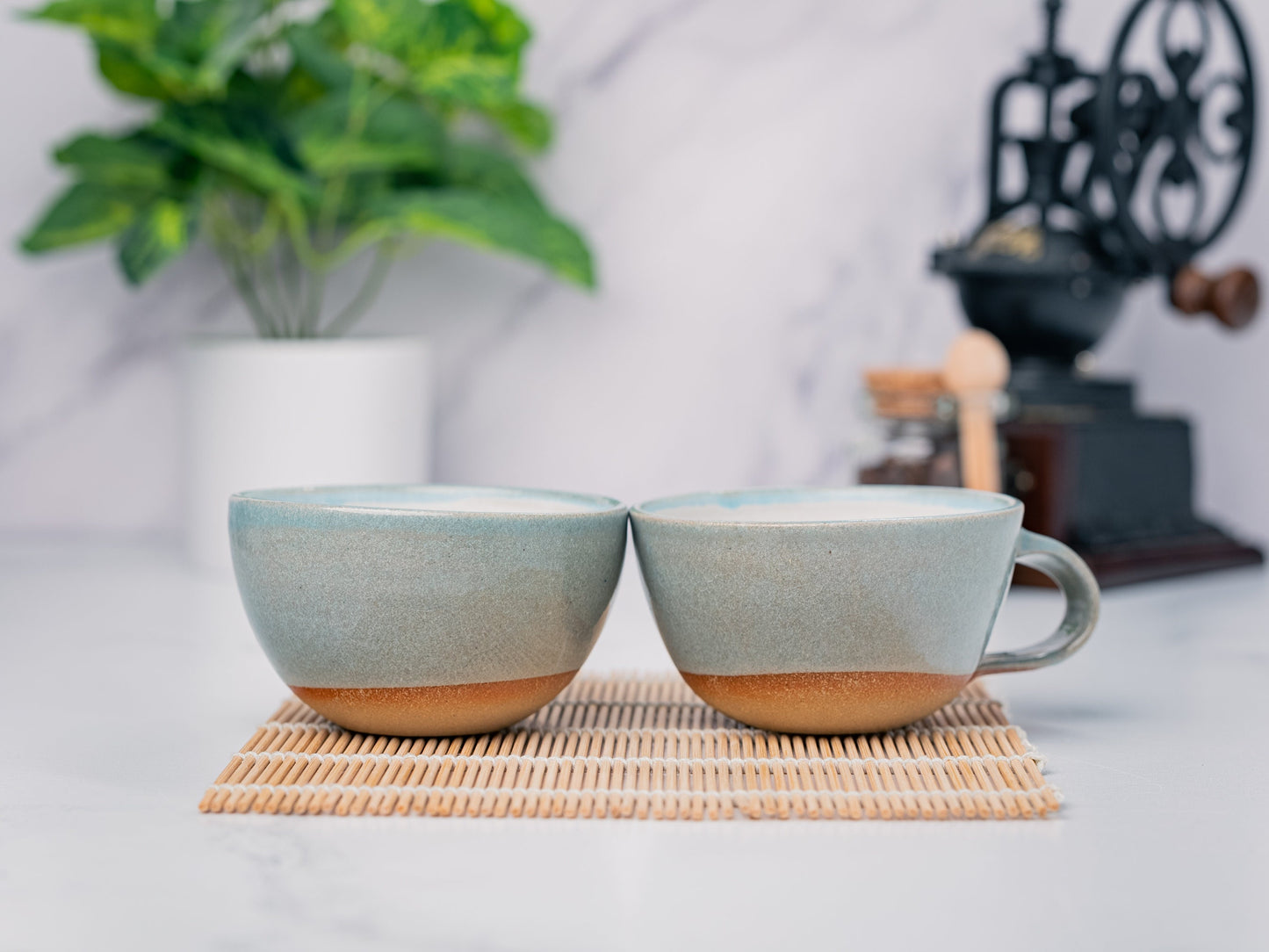 Cappuccino Cup, Latte Cup: Blue-Grey/White, 8 - 10 oz, Stoneware, Handmade