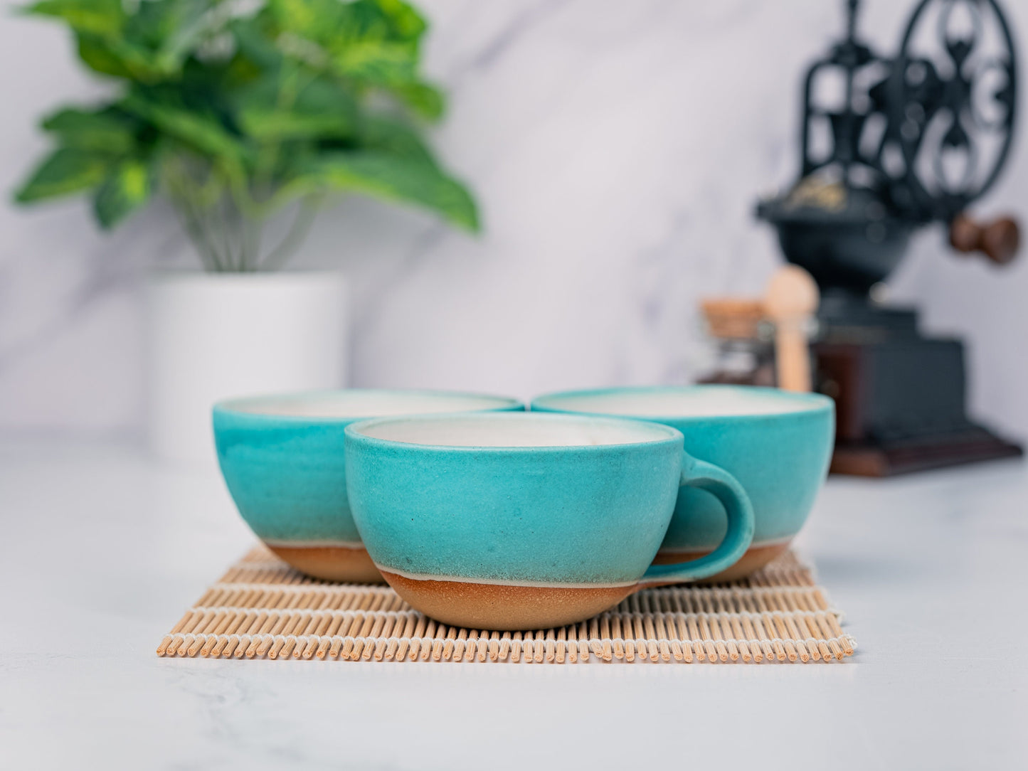 Cappuccino Cup, Latte Cup: Turquoise/White, approximately 8 - 10 oz, Stoneware, Handmade