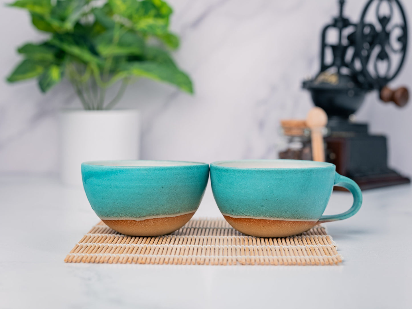 Cappuccino Cup, Latte Cup: Turquoise/White, approximately 8 - 10 oz, Stoneware, Handmade