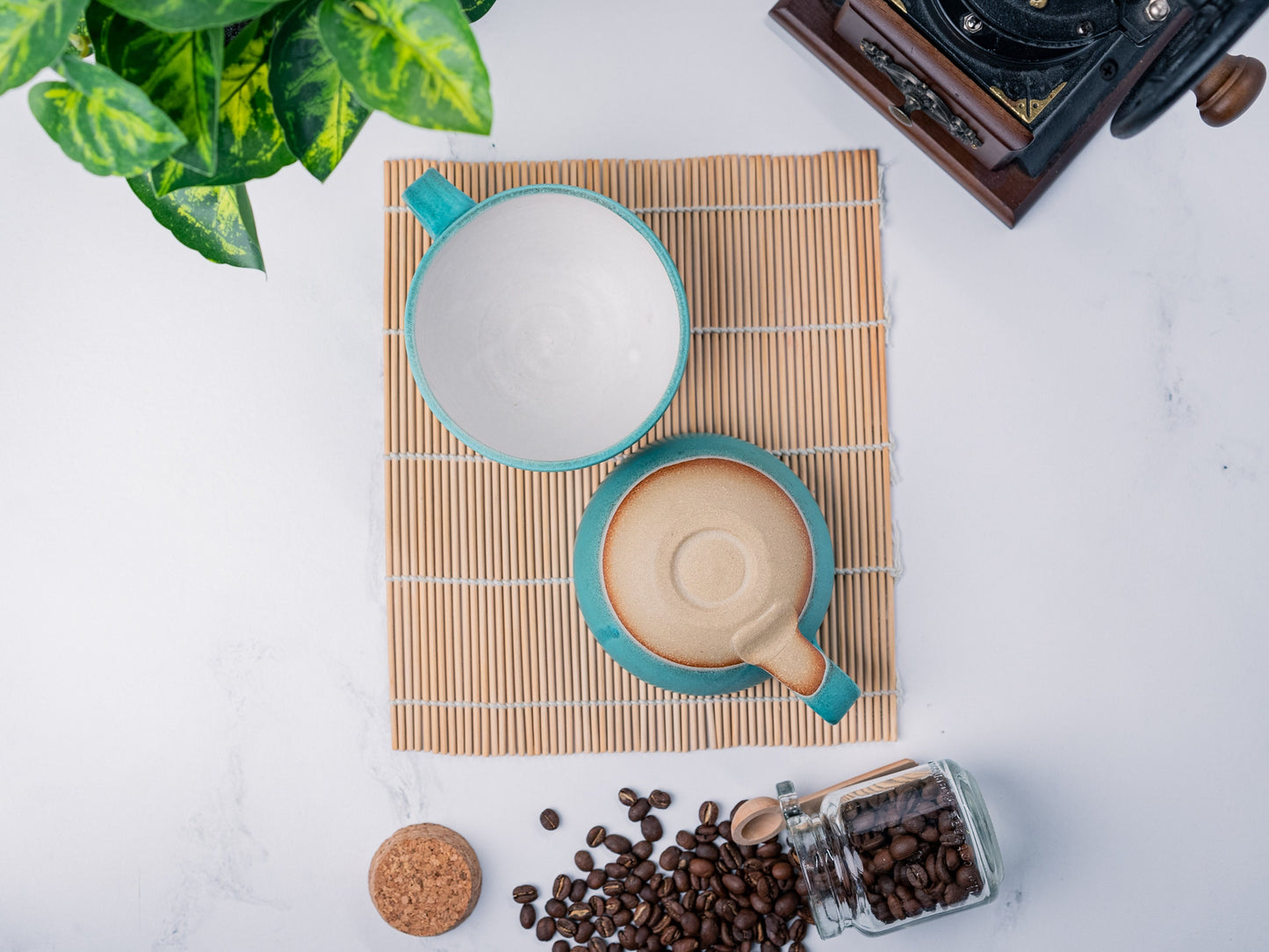 Cappuccino Cup, Latte Cup: Turquoise/White, approximately 8 - 10 oz, Stoneware, Handmade