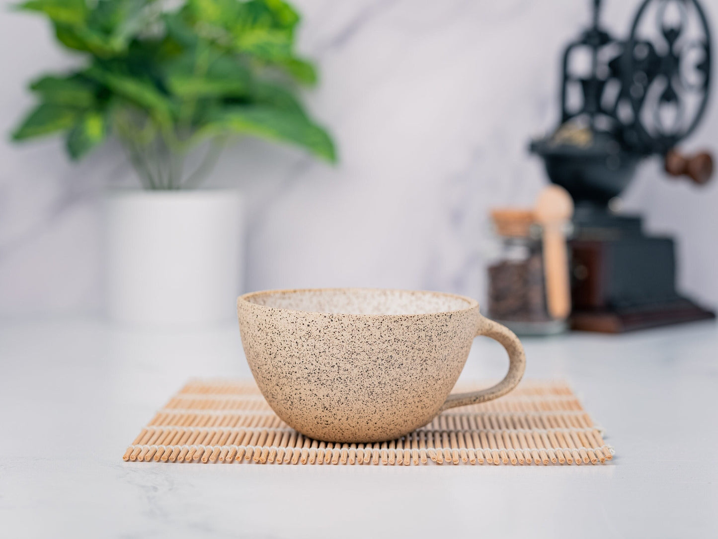 Cappuccino Cup, Latte Cup: White/Speckle, approximately 8 - 10 oz, Stoneware, Handmade