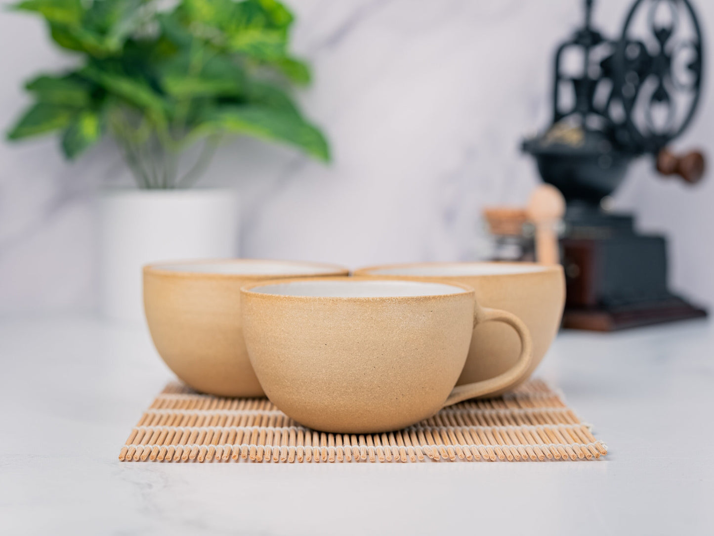 Cappuccino Cup, Latte Cup: Sandy/White, approximately 8 - 10 oz, Stoneware, Handmade