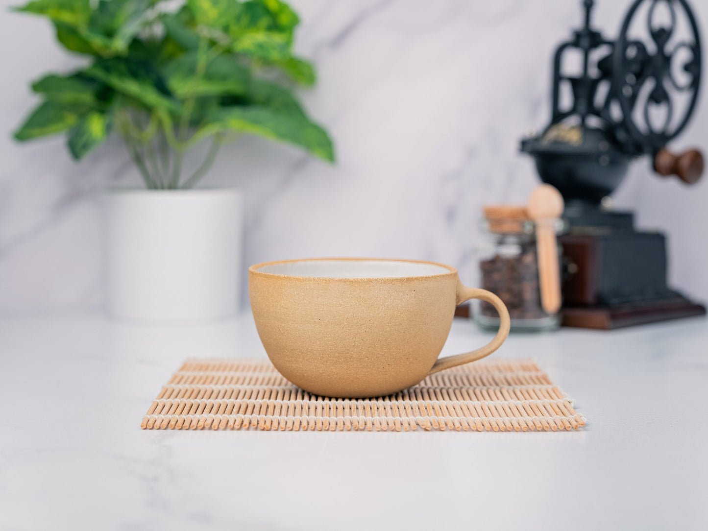 Cappuccino Cup, Latte Cup: Sandy/White, approximately 8 - 10 oz, Stoneware, Handmade