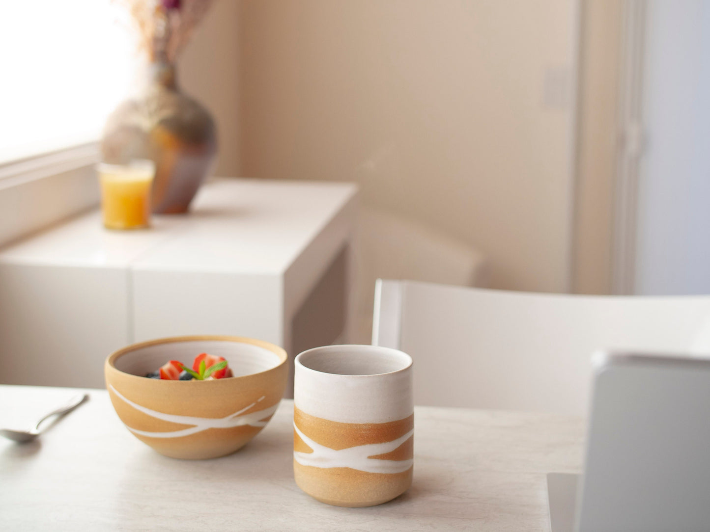 Handmade Ceramic Coffee Tea Mug Sandy White w/Trailing 12-14 oz Earthy Rustic Modern Aesthetic Unique Pottery Contemporary Dinnerware Gift