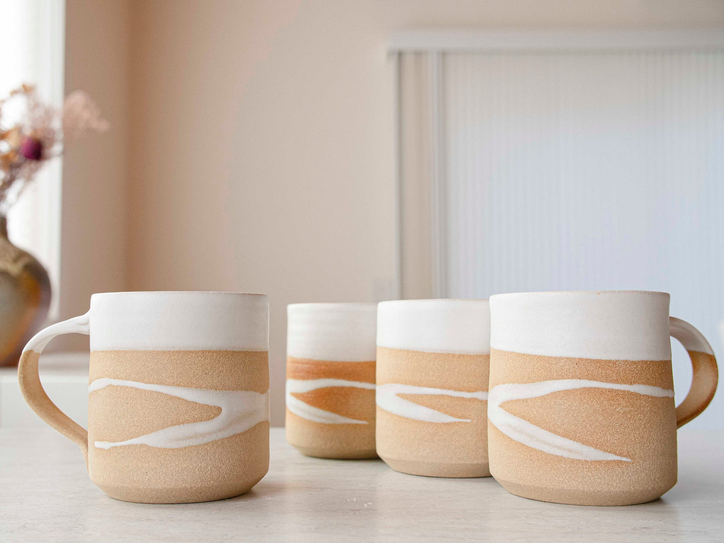 Handmade Ceramic Coffee Tea Mug Sandy White w/Trailing 12-14 oz Earthy Rustic Modern Aesthetic Unique Pottery Contemporary Dinnerware Gift