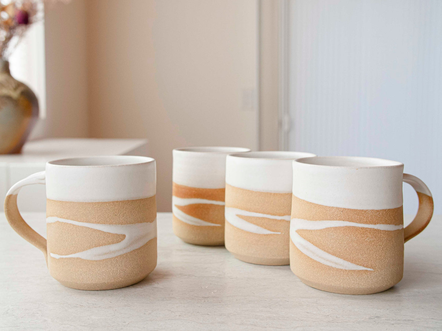Handmade Ceramic Coffee Tea Mug Sandy White w/Trailing 12-14 oz Earthy Rustic Modern Aesthetic Unique Pottery Contemporary Dinnerware Gift