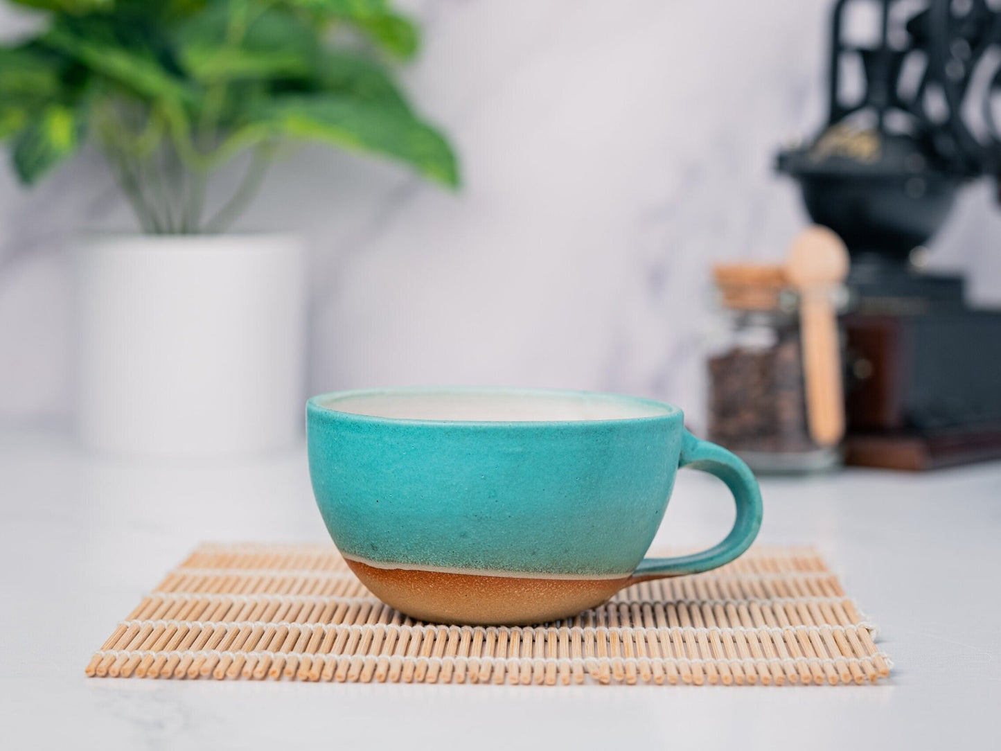 Cappuccino Cup, Latte Cup: Turquoise/White, approximately 8 - 10 oz, Stoneware, Handmade