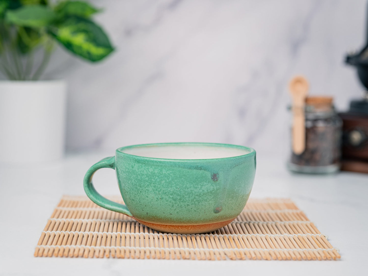 Cappuccino Cup, Latte Cup: Green/White, approximately 8 - 10 oz, Stoneware, Handmade