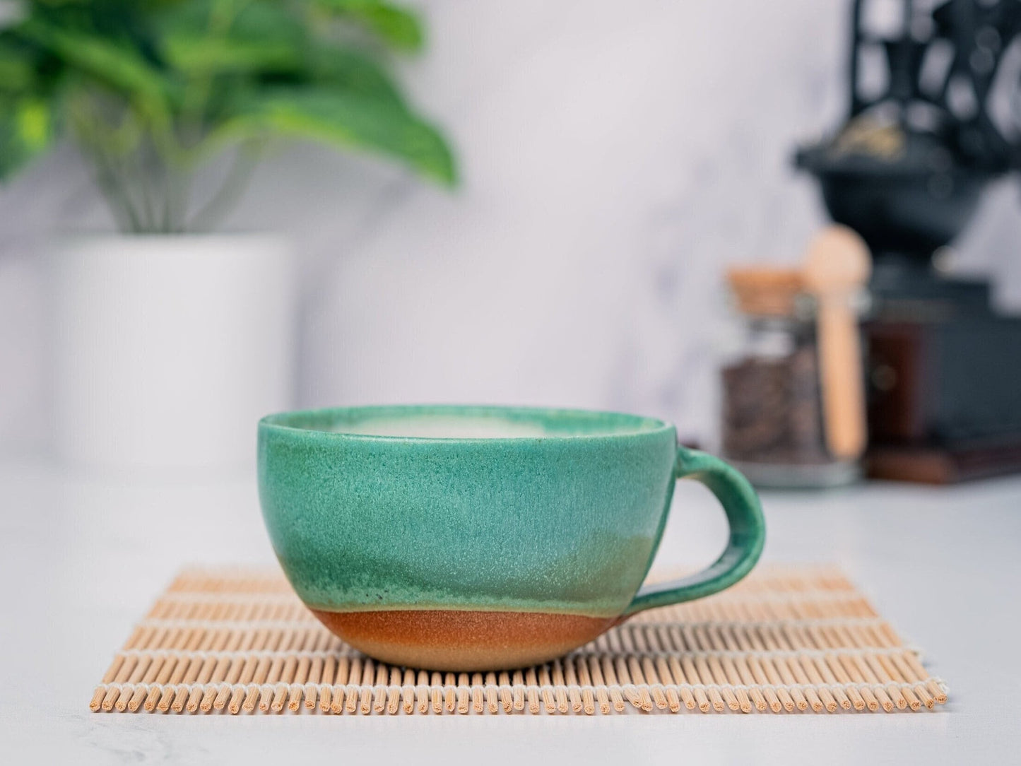 Cappuccino Cup, Latte Cup: Green/White, approximately 8 - 10 oz, Stoneware, Handmade