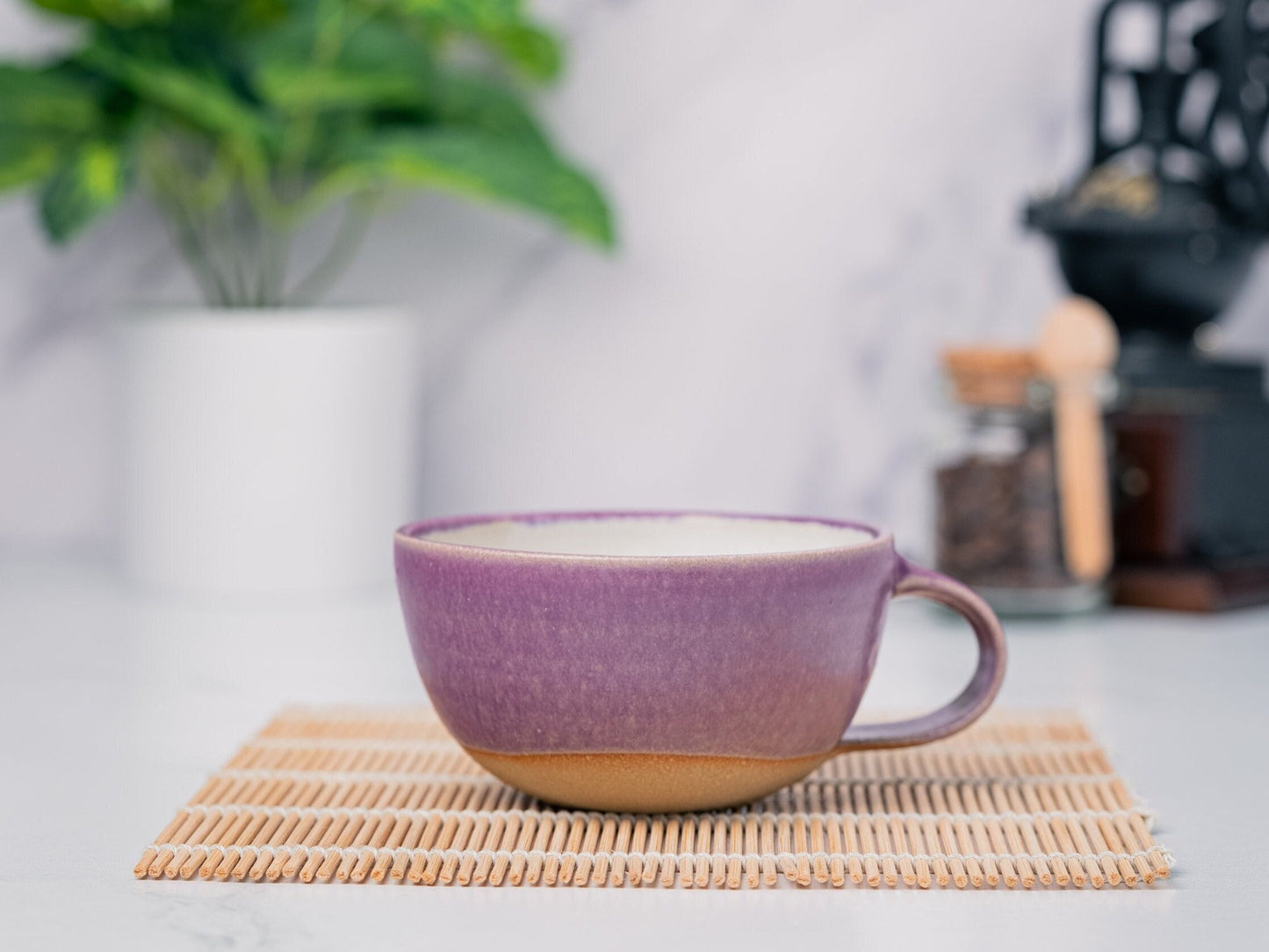 Cappuccino Cup, Latte Cup: Purple/White, approximately 8 - 10 oz, Stoneware, Handmade