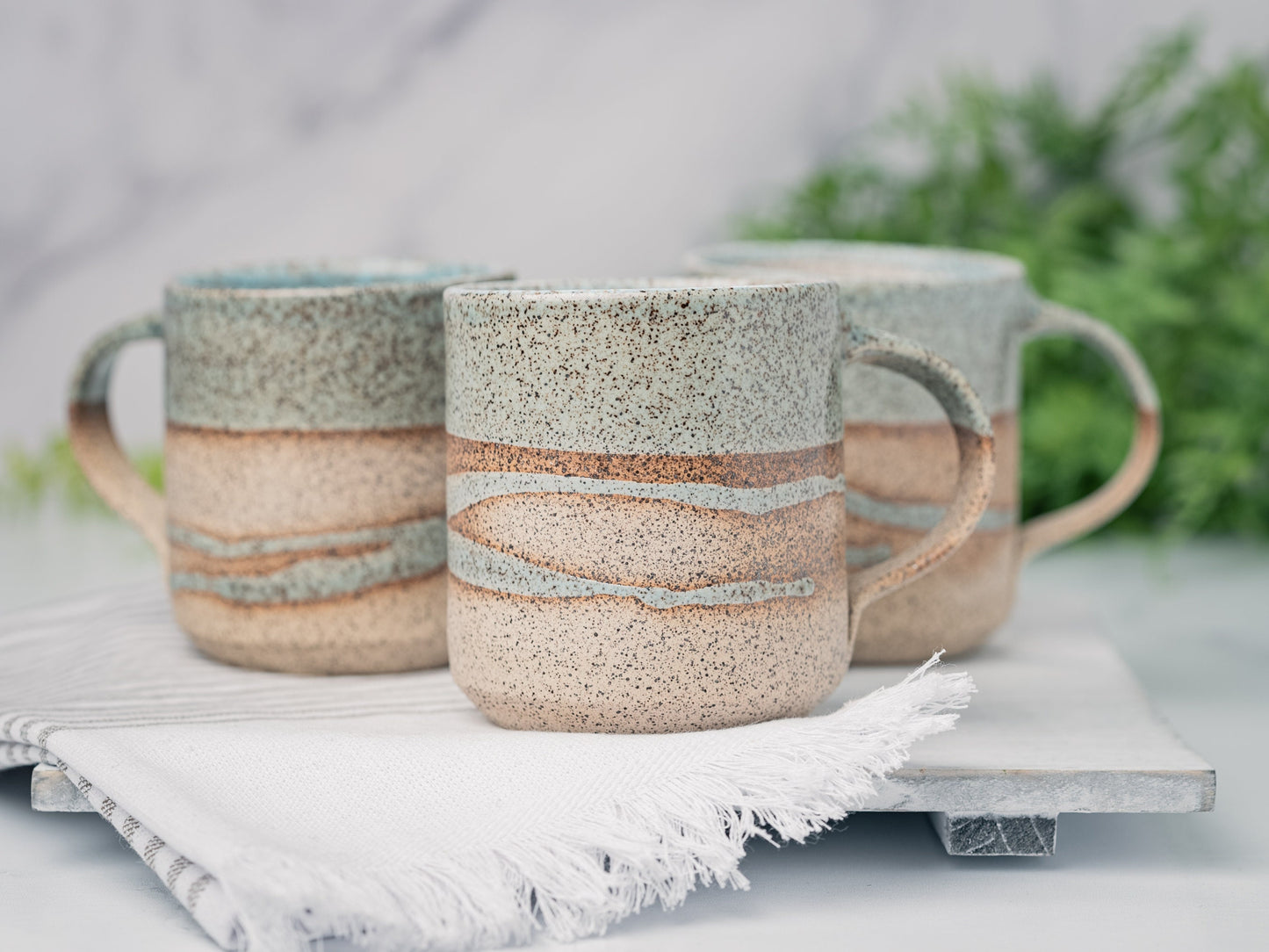 Handmade Ceramic Coffee Tea Mug Speckled Blue-Grey White w/Trailing 12-14 oz Earthy Modern Aesthetic Unique Pottery Contemporary Dinnerware