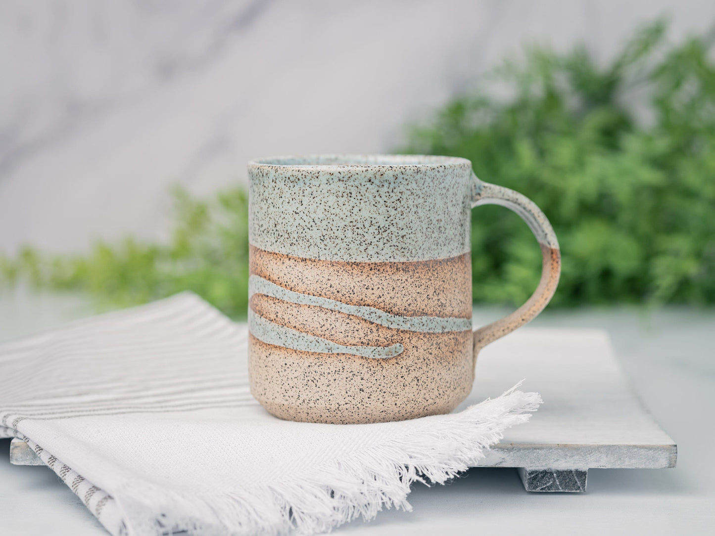 Handmade Ceramic Coffee Tea Mug Speckled Blue-Grey White w/Trailing 12-14 oz Earthy Modern Aesthetic Unique Pottery Contemporary Dinnerware