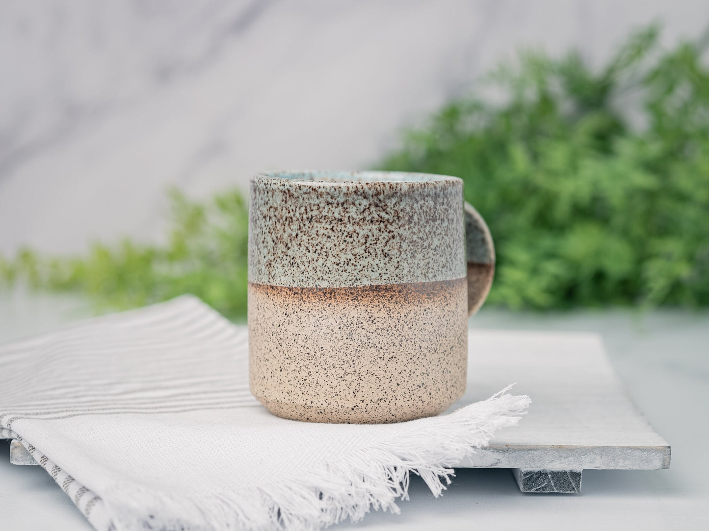 Handmade Ceramic Coffee Tea Mug Speckled Blue-Grey White 12-14 oz Earthy Rustic Modern Aesthetic Unique Pottery Contemporary Dinnerware Gift