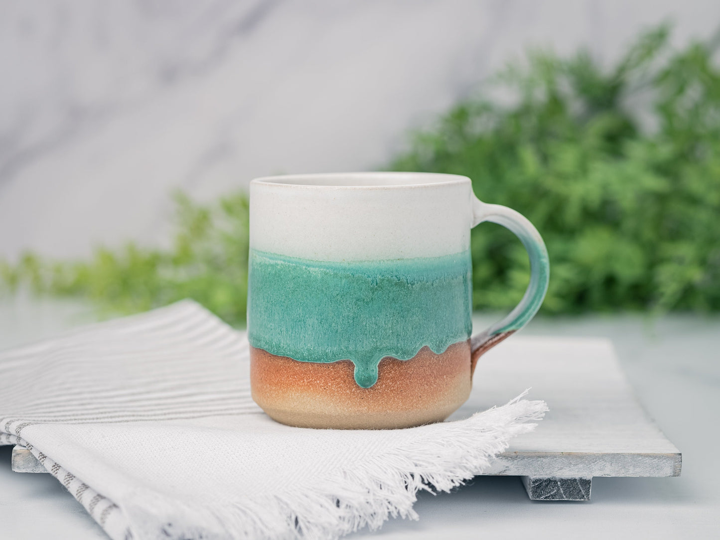 Handmade Ceramic Coffee Tea Mug Green White 12-14 oz Earthy Rustic Modern Aesthetic Unique Pottery Contemporary Dinnerware Decor Gift
