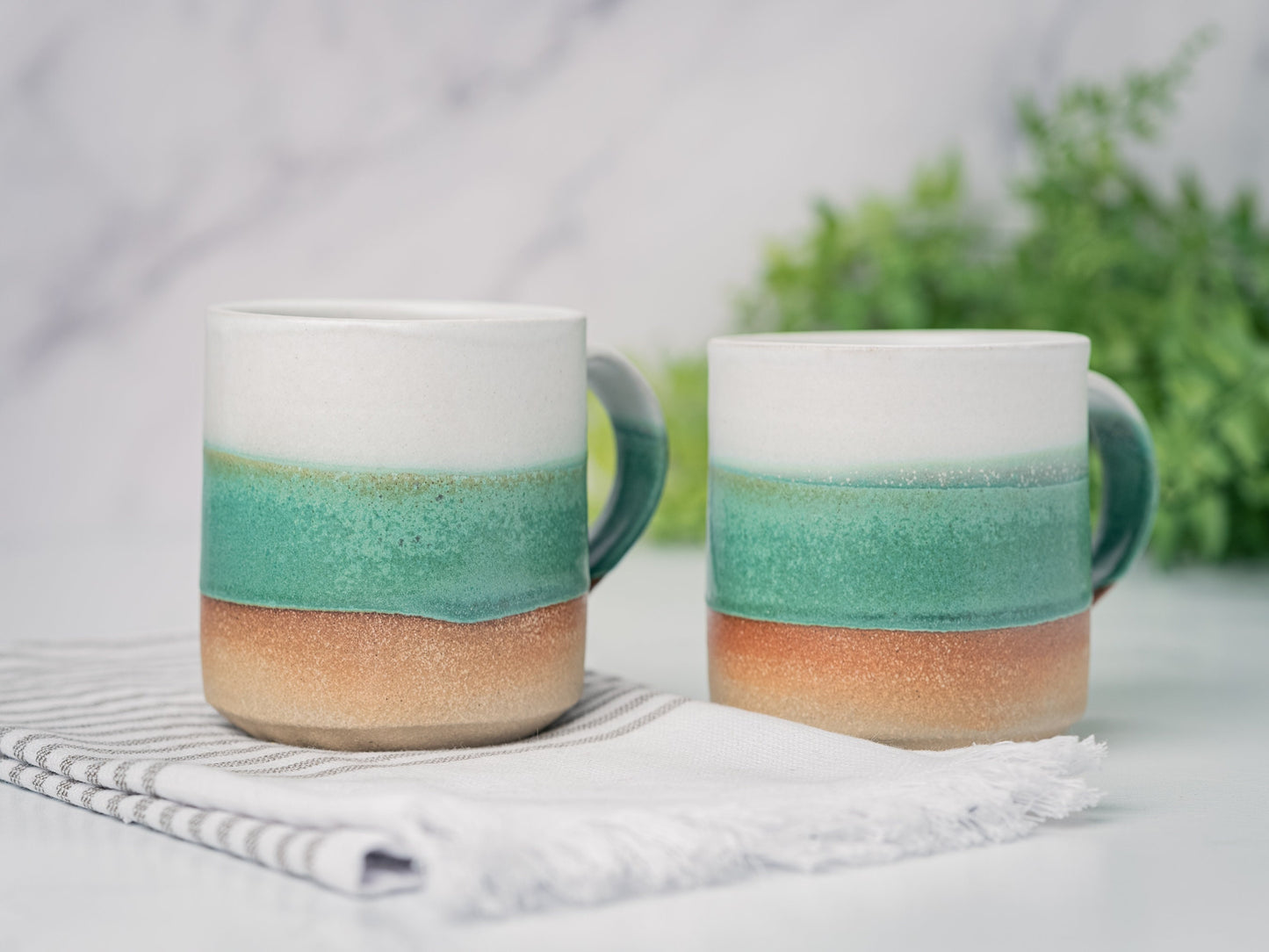 Handmade Ceramic Coffee Tea Mug Green White 12-14 oz Earthy Rustic Modern Aesthetic Unique Pottery Contemporary Dinnerware Decor Gift