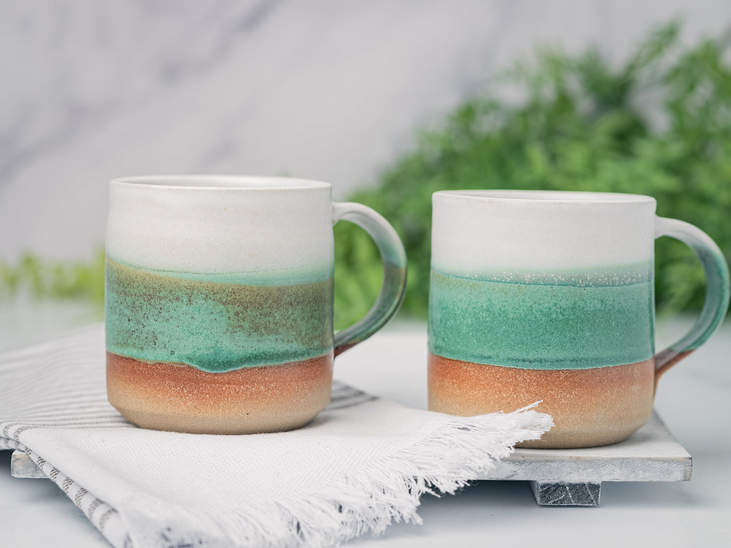 Handmade Ceramic Coffee Tea Mug Green White 12-14 oz Earthy Rustic Modern Aesthetic Unique Pottery Contemporary Dinnerware Decor Gift